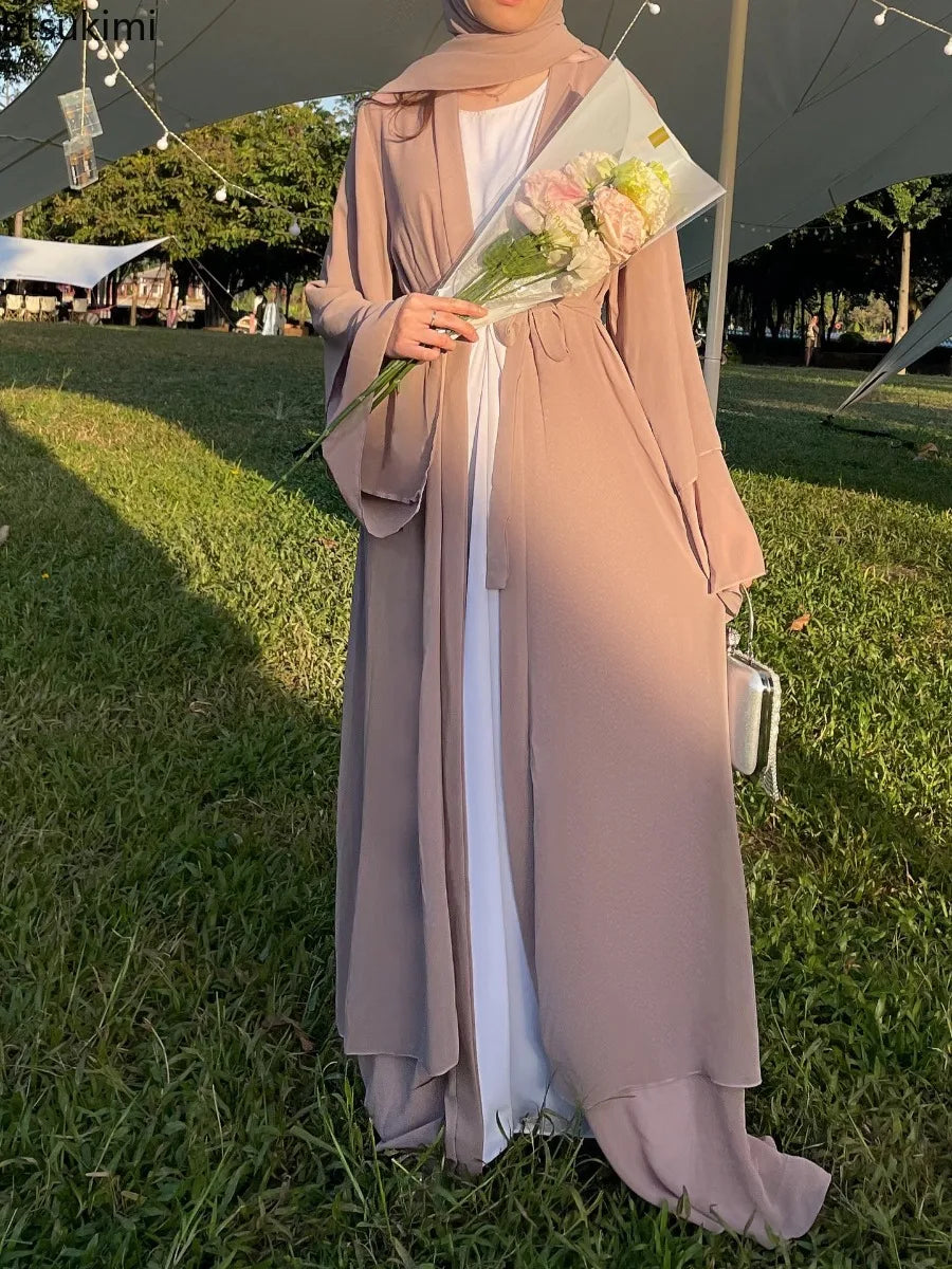 New Chiffon Open Abaya Dubai Turkey Kaftan Muslim Cardigan Abayas Simple Dress for Women Casual Robe Solid Caftan Islam Clothing