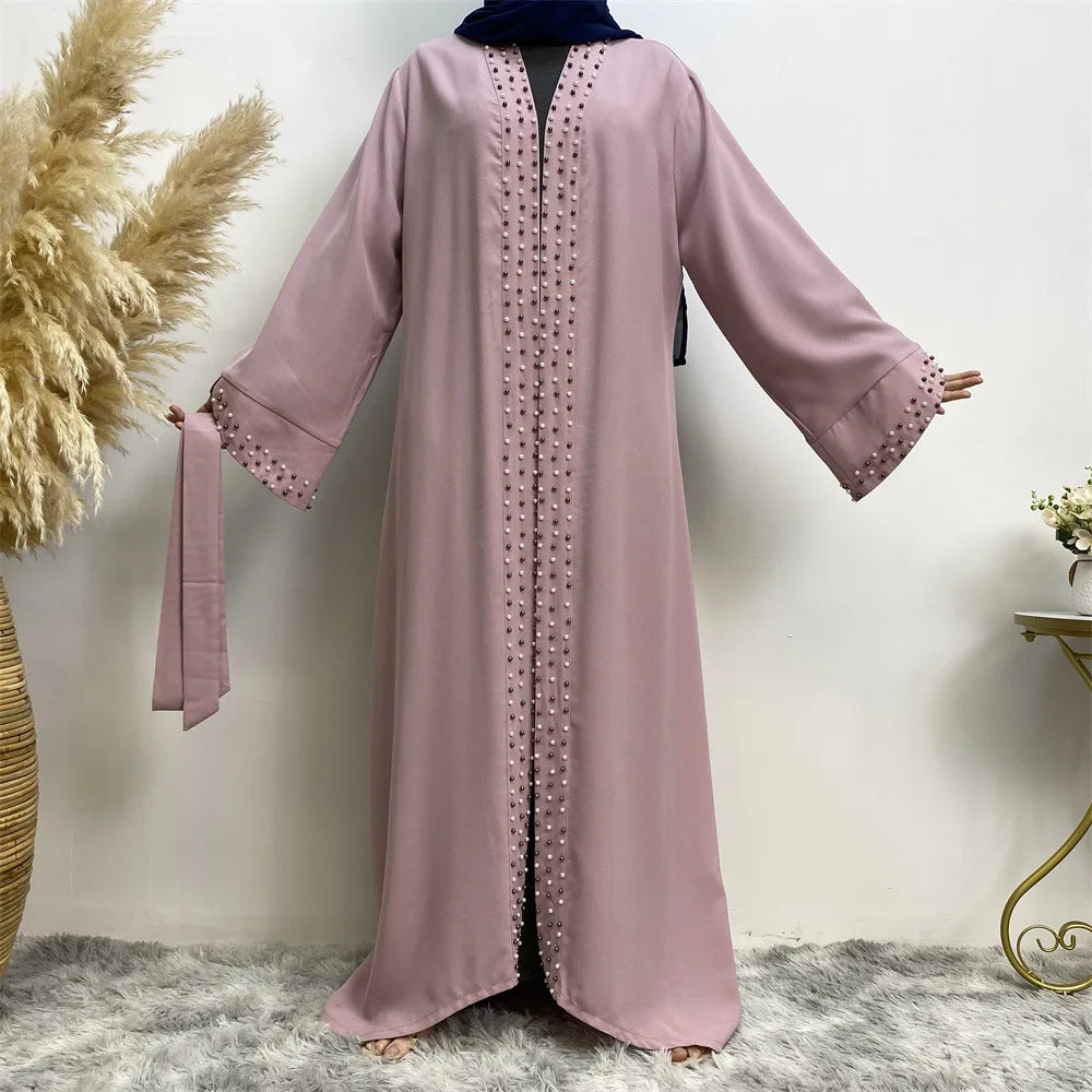 Muslim Women Abaya Robe Dress Arabic Turkish Middle Eastern Fashion Elegant Solid Color Beaded Muslim Tie-up Cardigan Robe