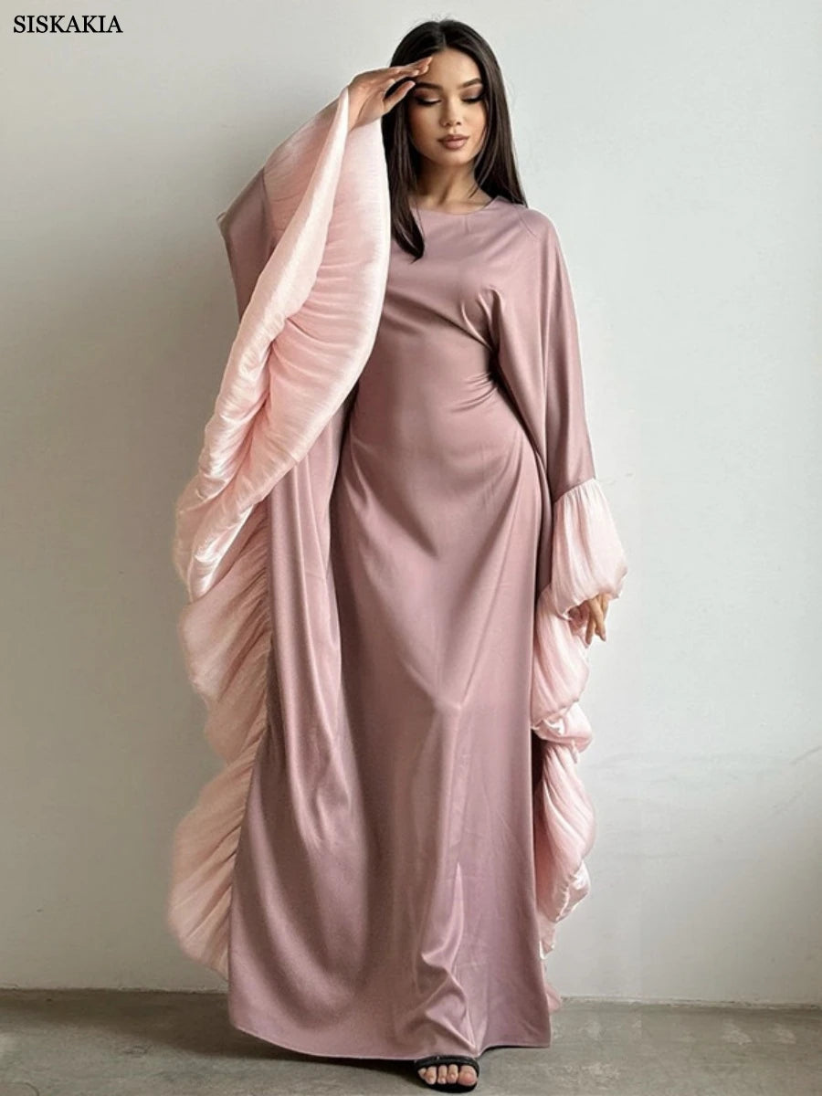 Siskakia Luxury Women Petal Sleeve Abayas Batwing Dubai Batwing Sleeve Maxi Dress Muslim Fashion Solid Kaftan 2025