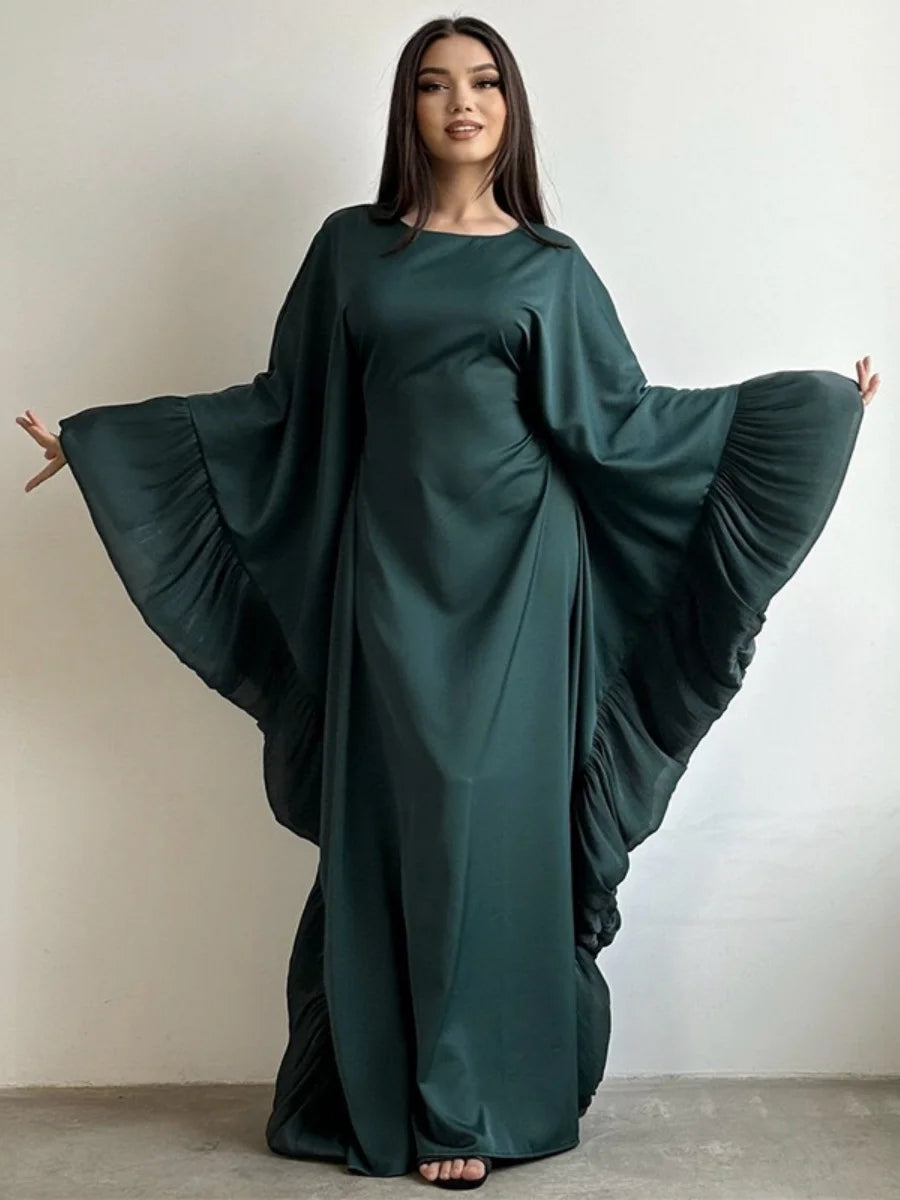 Siskakia Luxury Women Petal Sleeve Abayas Batwing Dubai Batwing Sleeve Maxi Dress Muslim Fashion Solid Kaftan 2025