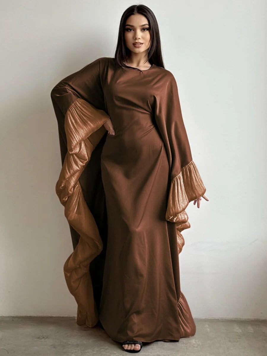 Siskakia Luxury Women Petal Sleeve Abayas Batwing Dubai Batwing Sleeve Maxi Dress Muslim Fashion Solid Kaftan 2025