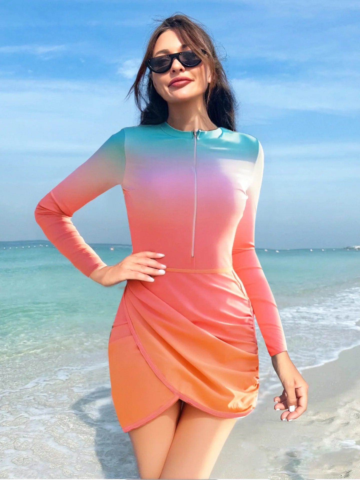 2026 New 3PCS Modest Burkini Swimsuit Gradient Long Sleeve Zip Rash Guard with Wrap Skirt & Leggings Full Coverage Swimwear