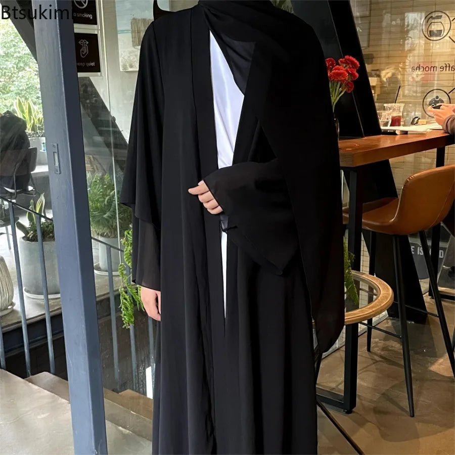 New Chiffon Open Abaya Dubai Turkey Kaftan Muslim Cardigan Abayas Simple Dress for Women Casual Robe Solid Caftan Islam Clothing