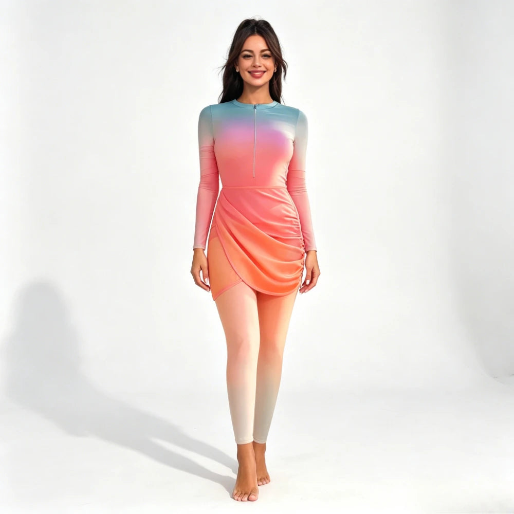 2026 New 3PCS Modest Burkini Swimsuit Gradient Long Sleeve Zip Rash Guard with Wrap Skirt & Leggings Full Coverage Swimwear