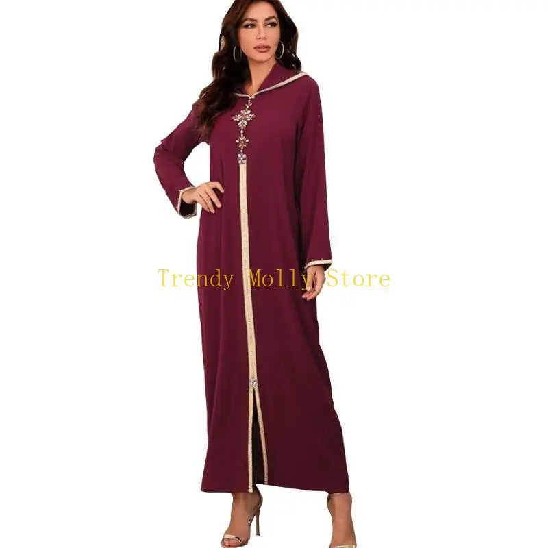 N5KB Long Sleeve Dresses Solid Color High Waisted Muslim Dress Cowl-Neck Pullovers Plug Size Long Robe with Lace for Women