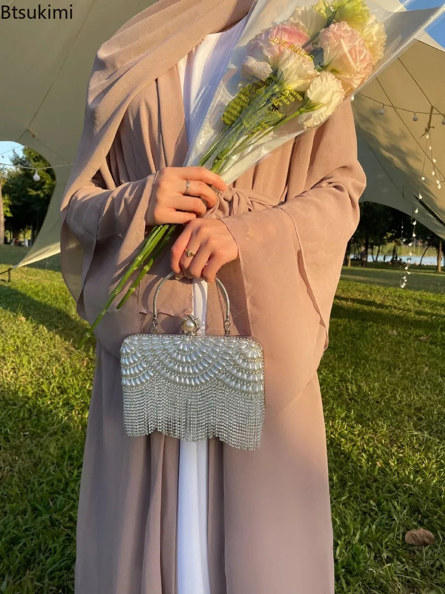 New Chiffon Open Abaya Dubai Turkey Kaftan Muslim Cardigan Abayas Simple Dress for Women Casual Robe Solid Caftan Islam Clothing