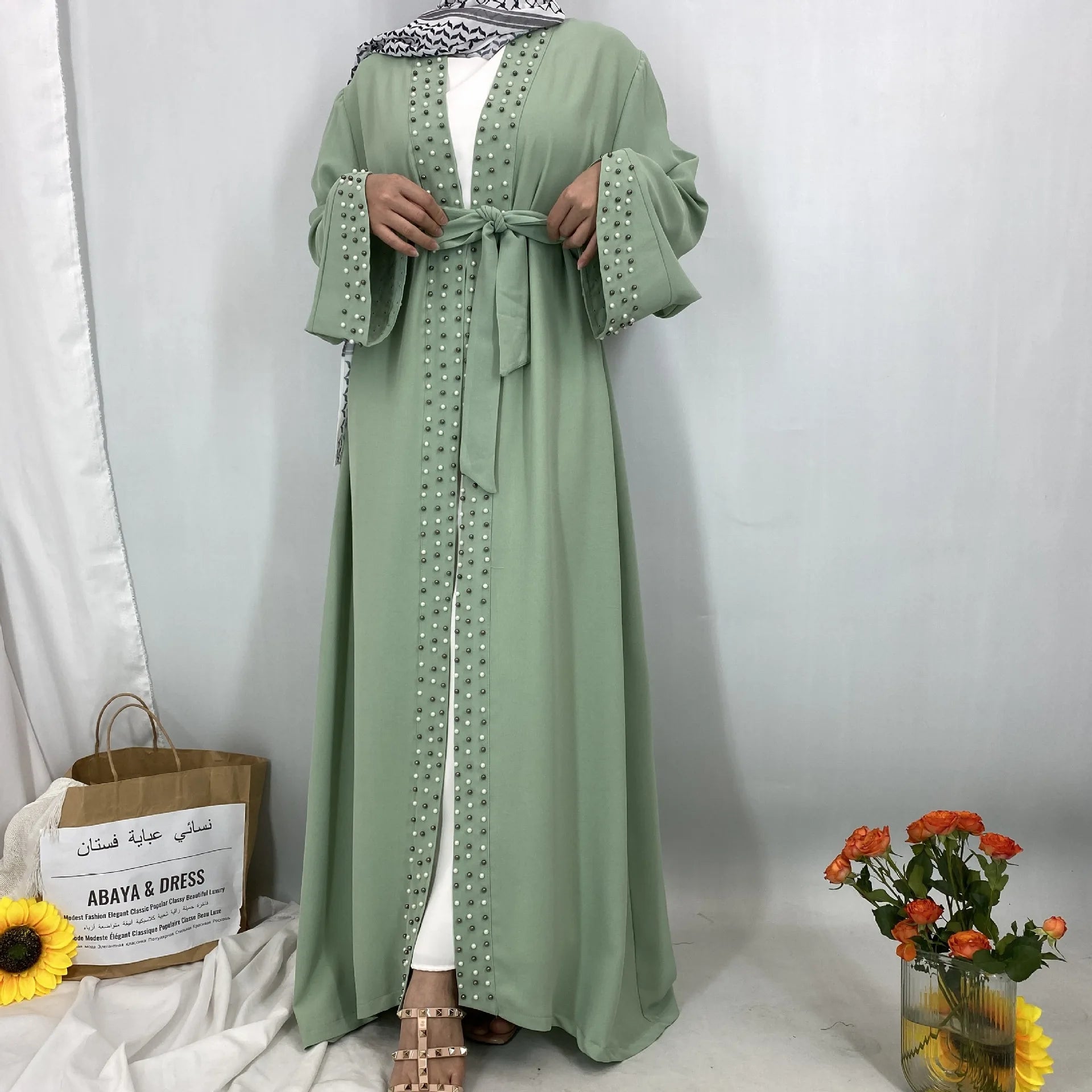 Muslim Women Abaya Robe Dress Arabic Turkish Middle Eastern Fashion Elegant Solid Color Beaded Muslim Tie-up Cardigan Robe