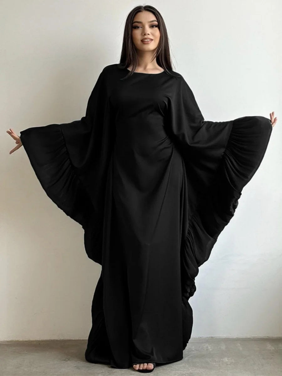 Siskakia Luxury Women Petal Sleeve Abayas Batwing Dubai Batwing Sleeve Maxi Dress Muslim Fashion Solid Kaftan 2025