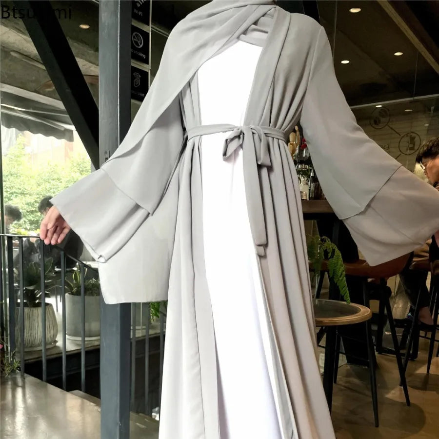 New Chiffon Open Abaya Dubai Turkey Kaftan Muslim Cardigan Abayas Simple Dress for Women Casual Robe Solid Caftan Islam Clothing