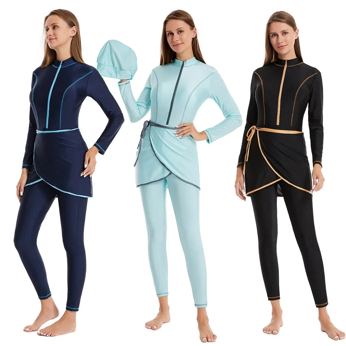 3PCS/Set Plain Muslim Modest Swimwear Women Muslim Swimsuit Burkini Long Sleeve Islamic Big Full Cover Hijab Beach Clothing