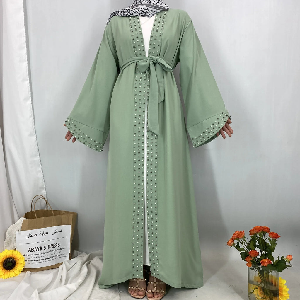 Muslim Women Abaya Robe Dress Arabic Turkish Middle Eastern Fashion Elegant Solid Color Beaded Muslim Tie-up Cardigan Robe