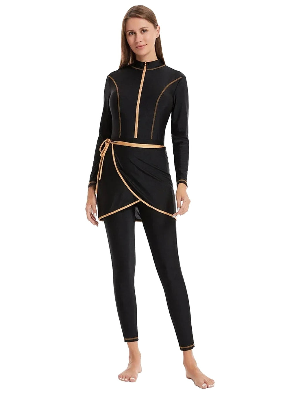 The Maison Perle burkini in black, full length on model