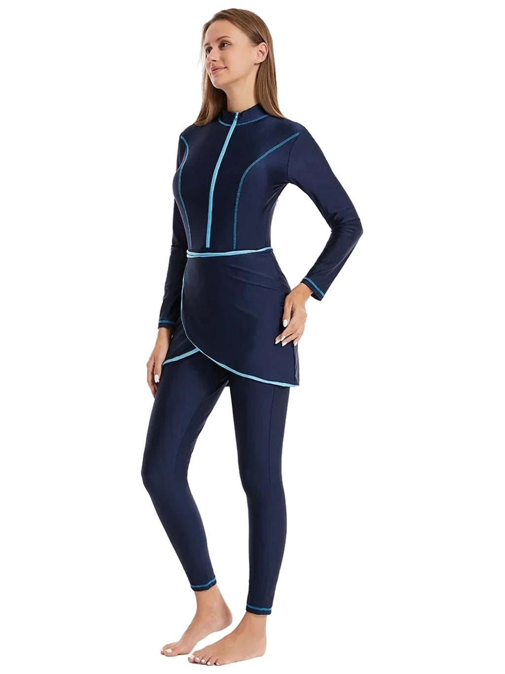 The Maison Perle burkini in navy, full length on model