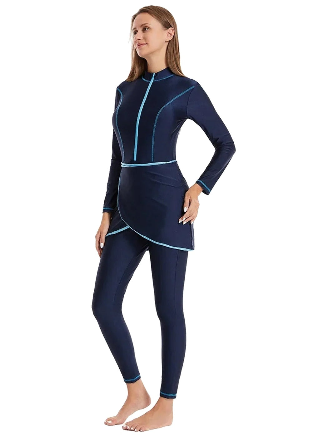 The Maison Perle burkini in navy, full length on model